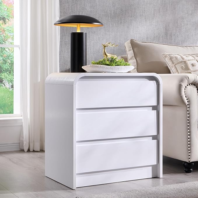 25" Tall Modern Nightstand with Charging Station, 23.6'' Wide Wood Bedside Table w/3 Storage Drawers, Small Dresser w/Curved Profile Design, End Table for Bedroom, White-Ruum Studio Home