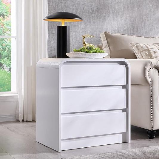 25" Tall Modern Nightstand with Charging Station, 23.6'' Wide Wood Bedside Table w/3 Storage Drawers, Small Dresser w/Curved Profile Design, End Table for Bedroom, White-Ruum Studio Home