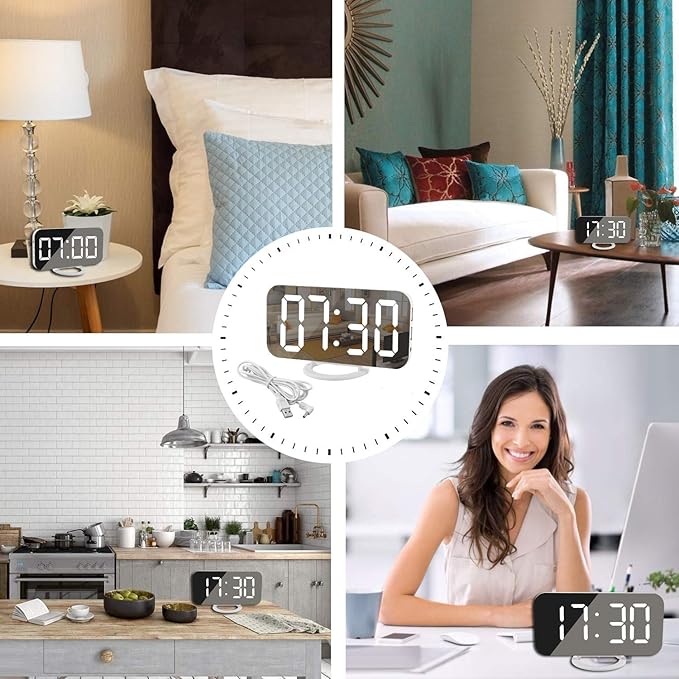 SZELAM Digital Clock Large Display, LED Electric Alarm Clocks Mirror Surface for Makeup with Diming Mode, 3 Levels Brightness, Dual USB Ports Modern Decoration for Home Bedroom Decor-White (001)-Ruum Studio Home