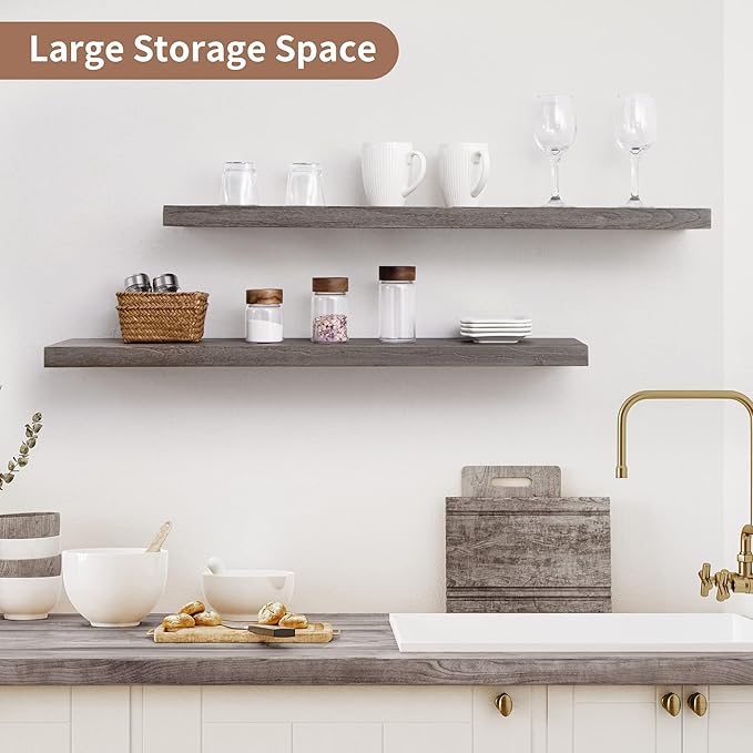 Axeman Floating Shelves for Wall, 8 Inch Deep Rustic Solid Elm Wood Wall Shelves for Storage, Wall Mounted Display Shelving with Invisible Heavy-Duty Metal Bracket, 36'' Width Set of 2, Grey-Ruum Studio Home