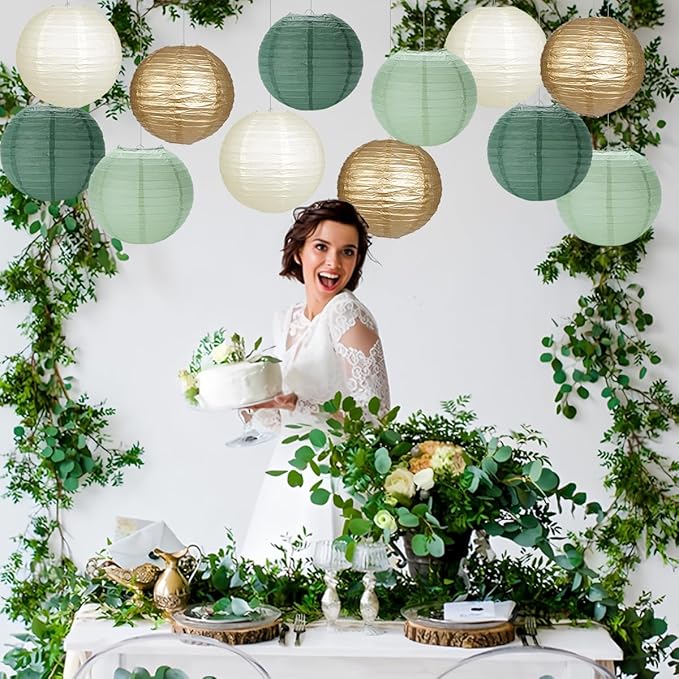 Paper Lanterns Sage Green Gold Round Hanging Chinese Lanterns for Birthday Party Baby Shower Bridal Shower Decorations Pack of 12-Ruum Studio Home