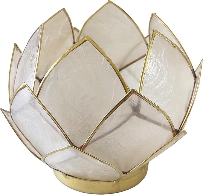 Blooming Lotus Capiz Shell Tealight Candle Holder, Handcrafted Decorative Tea Light Candleholder with Translucent Flower Petals for Ambient Illumination and Natural Elegance, Natural-Ruum Studio Home
