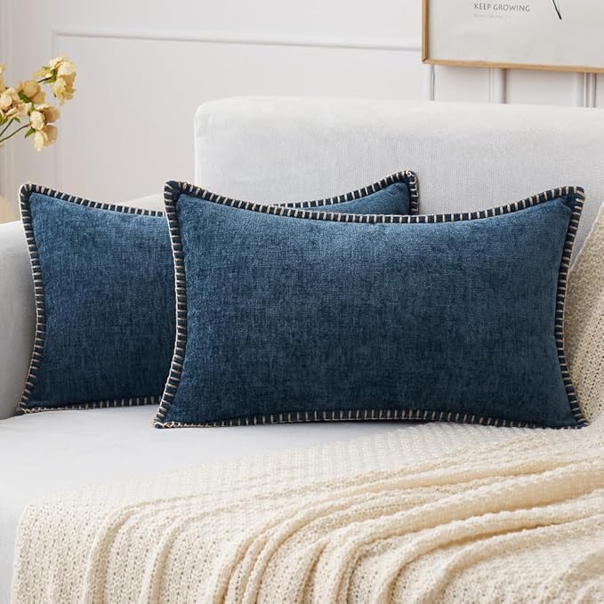 MIULEE Pack of 2 Couch Throw Pillow Covers 12x20 Inch Navy Blue Farmhouse Decorative Pillow Covers with Stitched Edge Soft Chenille Solid Dyed Spring Pillow Covers for Sofa Bed Living Room-Ruum Studio Home