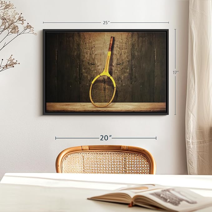 ElephantStock Vintage Tennis Racket Wall Art - Horizontal Framed Canvas - 1-Piece Living Room Wall Decor - Photography Sports Canvas Print - Brown and Black Decor for Wall - 25" X 17"-Ruum Studio Home