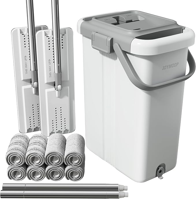 JOYMOOP Mop and Bucket with Wringer Set for Floor Cleaning and Wall Cleaner, Flat Mop and Bucket System Set with 2 Mops and 8 Large Microfiber Pads - White-Ruum Studio Home
