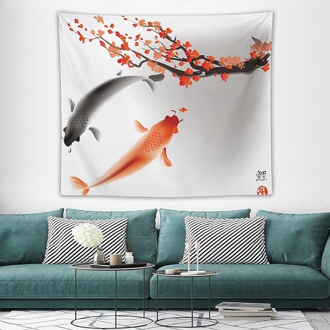 Houselerax Japanese Koi Fish Tapestry, Cherry Blossoms Asian Oriental Flower Branch Koi Fish Carp Tapestries Wall Hanging for Bedroom Living Room Office Decor 60"x50"-Ruum Studio Home