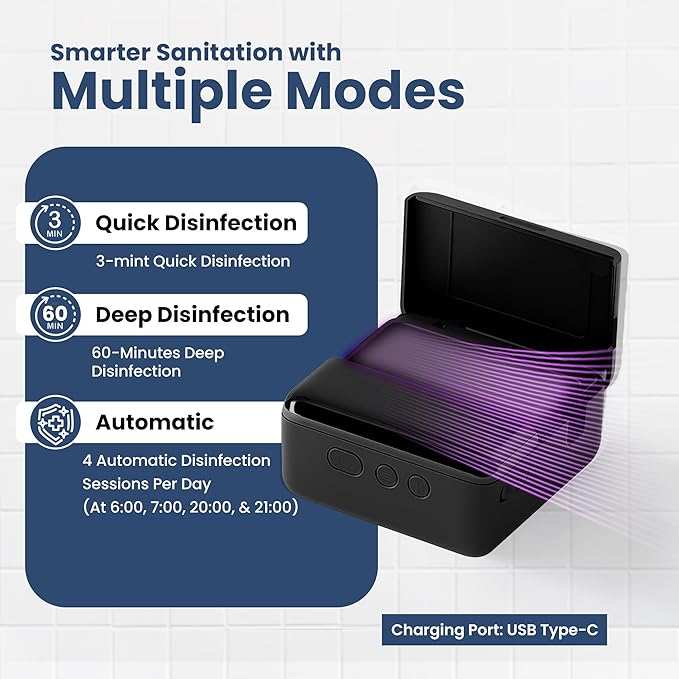 UV Toothbrush Sanitizer Holder & Cleaner with LED Clock Display & Hot Air Drying – Wall-Mounted UV Tooth Brush Holder for Bathroom Decor, Travel Use, Rechargeable Portable Design, Fits All Brushes-Ruum Studio Home