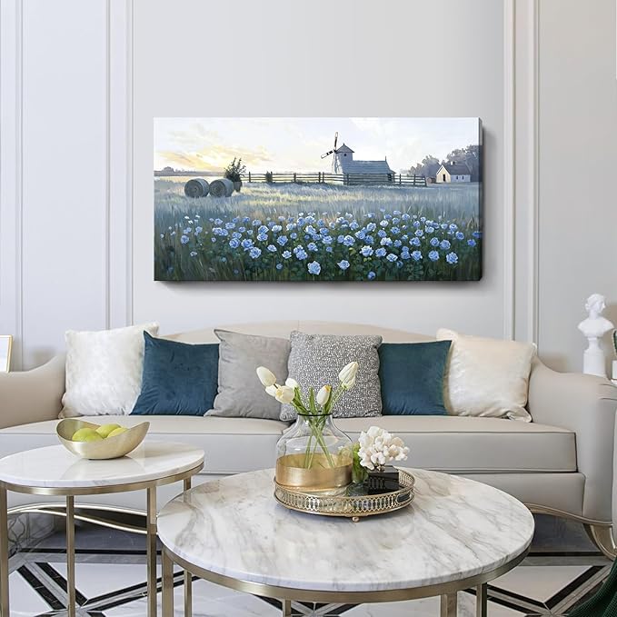 amatop Large Rustic Canvas Wall Art – Farmhouse Blue Rose and Windmill Landscape Picture, Nature Country Floral Sunset Wall Decor for Living Room Bedroom, Countryside Botanical Artwork Print 48x24 Inch-Ruum Studio Home