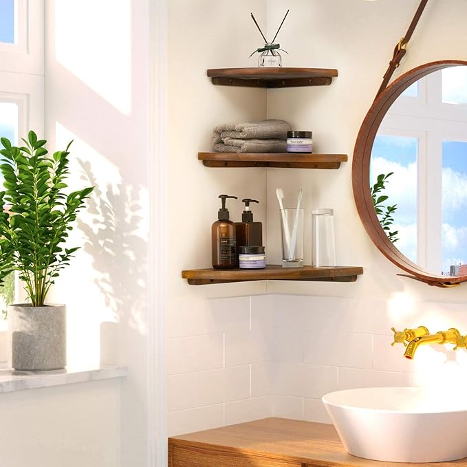 Corner Shelves, Floating Corner Shelf, Set of 3 Solid Oak Wood Corner Wall Shelves, Round End with Wire Hole Shelving for Small Plant for Bedroom Kitchen, Living Room (Size 9/10/12in)-Ruum Studio Home