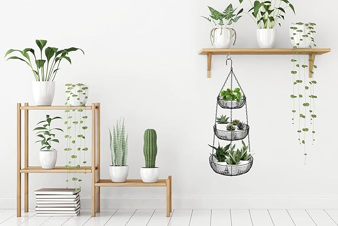 CAXXA 3-Tier Hanging Basket Fruit Organizer Kitchen Heavy Duty Wire Organizer with 2 Free Bonus Metal Ceiling Hooks, Black-Ruum Studio Home