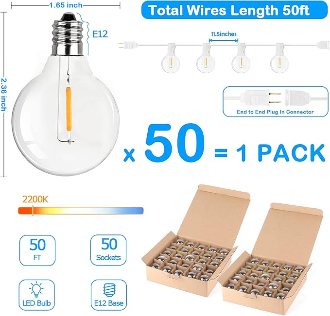 50FT LED G40 Globe String Lights White, Shatterproof Outdoor Patio String Lights 2200K with 50+2 Dimmable Edison Bulbs, Backyard Outdoor Hanging Lights, Bistro Waterproof for Balcony Party Wedding-Ruum Studio Home
