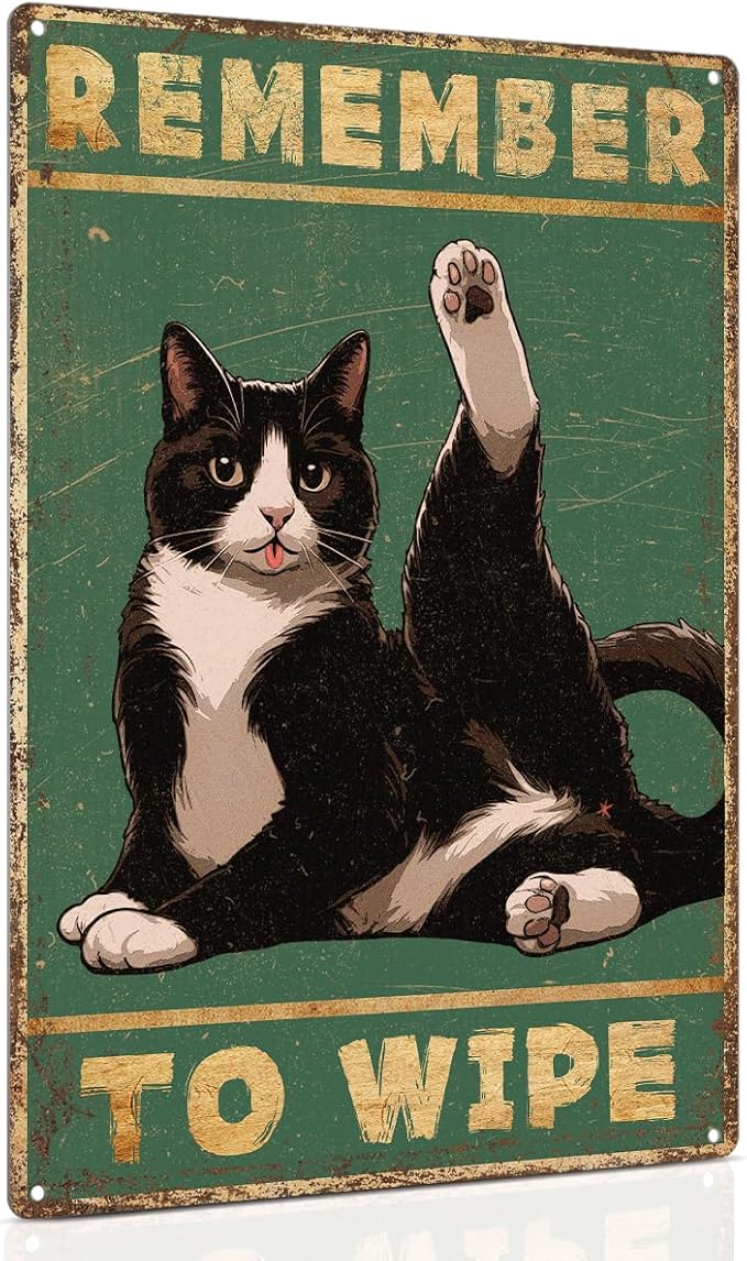 ALKB Bathroom Tuxedo Cat Sign - Remember to Wipe - Cat Lover Gift 8x12 Inch Vintage Metal Sign for Bathroom Decorations-Ruum Studio Home