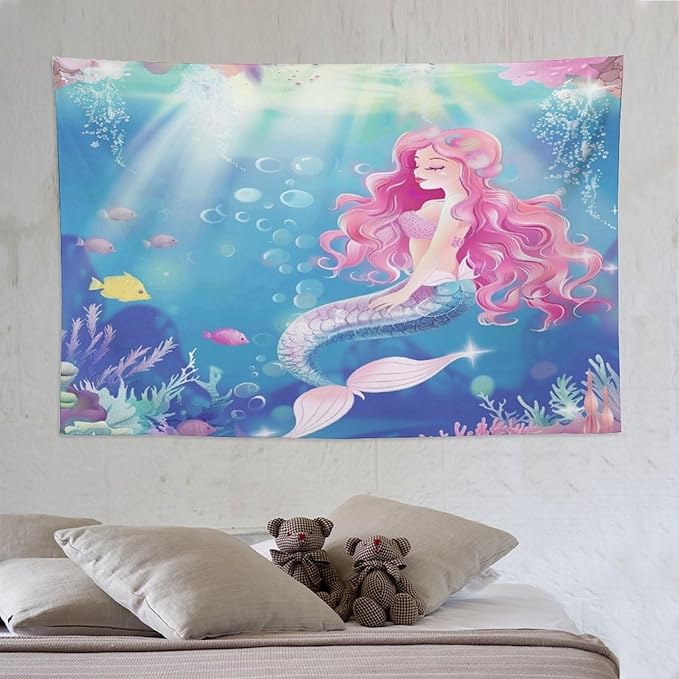 HZOHNAGO Mermaid Girls Tapestry Watercolor Mermaid Princess Pink Hair Pattern for Kids Room Decoration Printed Wall Tapestry Wall Hanging for Bedroom Living Room Dorm 90" W x 60" H-Ruum Studio Home