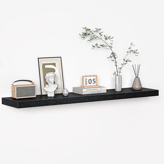 Floating Shelves - 10.3 Inch Deep Wall Shelf for Decor & Storage - Wall Mounted Display Shelving with Invisible Heavy-Duty Metal Bracket - 48" W x 10.3" D x 1.8" H - Set of 1 - Rustic Black-Ruum Studio Home