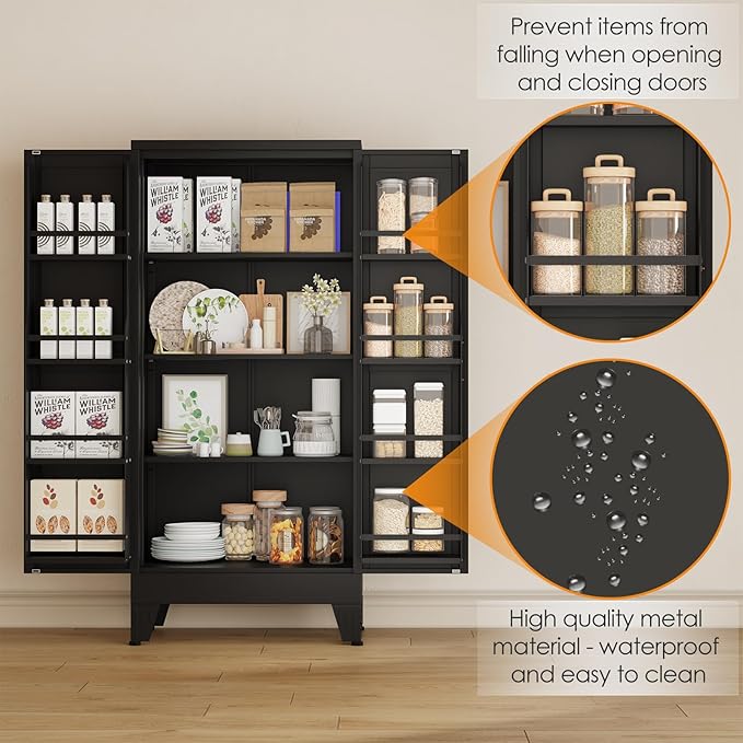 51" Kitchen Pantry Cabinet, Metal Storage Cabinet with 3 Adjustable Layer Shelves, 8 Door Shelves, Buffet Sideboard for Living Room, Kitchen, Black-Ruum Studio Home