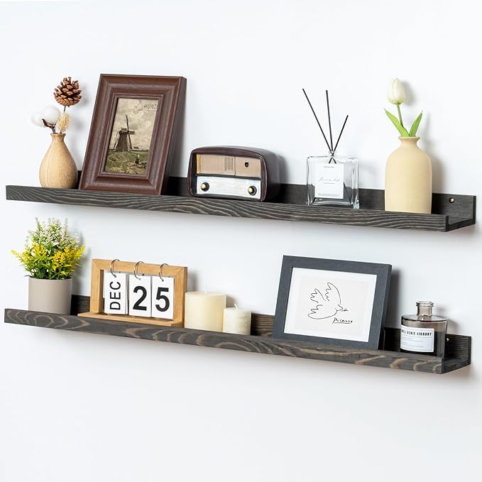 36 Inches Floating Shelves for Wall, Solid Pine Wood Picture Ledge Shelves, Wall Shelves with Lips, Nursery Book Shelves for Toys Storage Living Room Bedroom Photo Frames (2 Pcs, Grey)-Ruum Studio Home