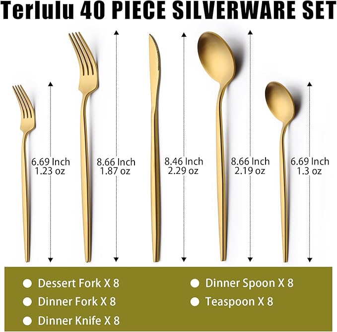 40 Piece Gold Silverware Set for 8, Terlulu Stainless Steel Flatware Set, Gold Cutlery Set Utensils Set, Tableware Include Forks Knives Spoons for Home Kitchen Restaurant Wedding, Satin Finish-Ruum Studio Home