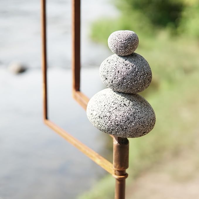 Modern Zen Garden Spinner Kinetic Wind Sculpture with Rock Cairn & Stake - Relaxing Outdoor Spinners for Yard and Garden - Handmade Outdoor Wind Art Vane Sculptures (Bare Steel)-Ruum Studio Home