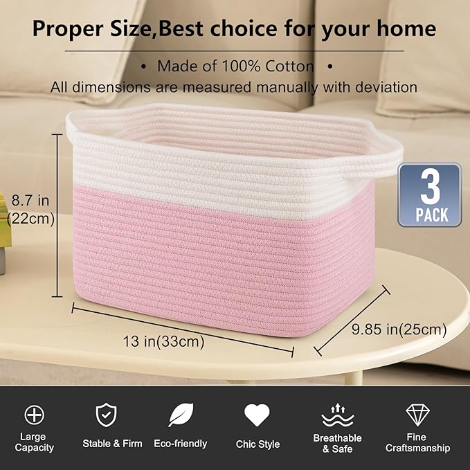 OIAHOMY 3 Pack Storage Basket for Organizing, 13''X9.85''X8.7'' Woven Storage Bins with Handles, toy organizers,Stylish Room Decor, Pink & white-Ruum Studio Home