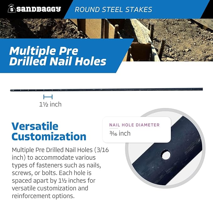 Sandbaggy Round Steel Concrete Form Stakes with Nail Holes - Rust Resistant Coating - Removable, Reusable (5, 3/4 in X 60 in)-Ruum Studio Home