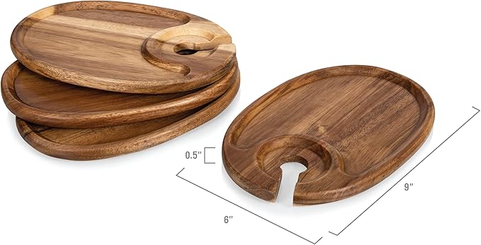 PICNIC TIME TOSCANA -Wine Appetizer Plates, Cocktail Plate with Glass Holder, Cheese Board with Wine Holder, (Acacia Wood), 9 x 6, Set of 4-Ruum Studio Home
