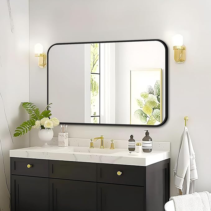 Fabuday Black Bathroom Mirror for Over Sink Wall - 24x36 Rectangle Mirror with Matte Metal Frame, Big Rounded Rectangular Vanity Mirrors for Bedroom, Living Room, Entryway, Horizontally/Vertically-Ruum Studio Home