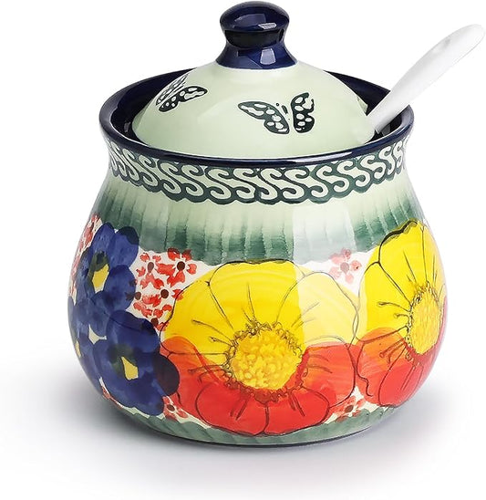 silesia Handmade Sugar Bowl with Lid and Spoon, 9 Ounce Ceramic Hand-Painted Sugar Jar for Home in Gift Box, Kitchen Decor, Oven, Dishwasher & Microwave Safe, Glazed Green-Ruum Studio Home