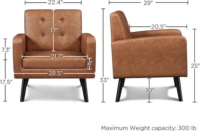Yaheetech Mid-Century Accent Chairs, PU Leather Modern Upholstered Living Room Chair, Cozy Armchair Button Tufted Back and Wood Legs for Bedroom/Office/Cafe, Retro Brown-Ruum Studio Home