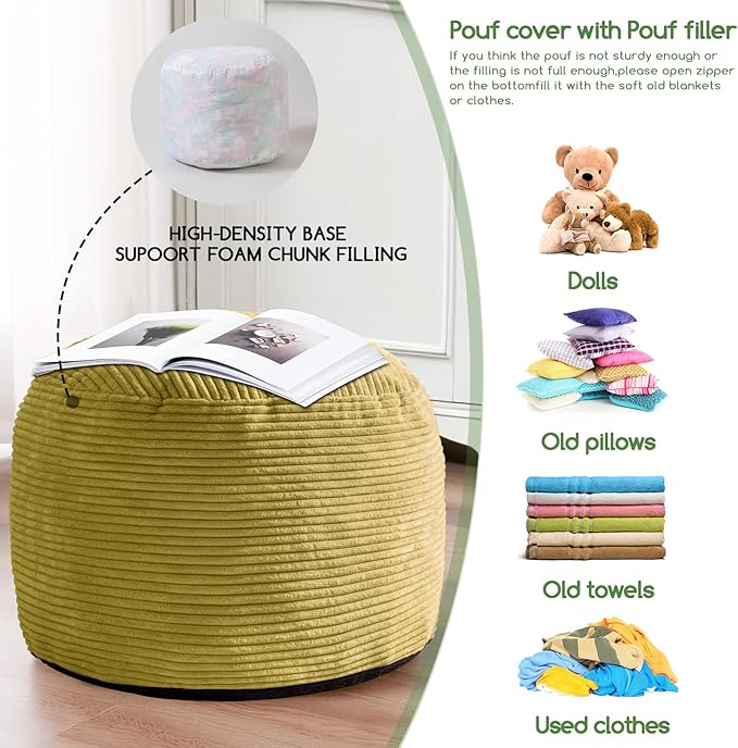 HIGOGOGO Round Stuffed Pouf Ottoman, Corduroy Poufs with Foam Chunk Filling, Furry and Fluffy Pouf Foot Stool Storage Ottoman, 26 X 18 Floor Poufs Foot Rest for Living Room, Green-Ruum Studio Home