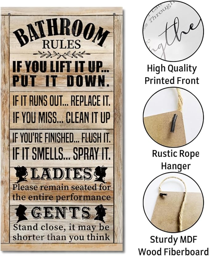 Rustic & Funny Bathroom Signs - Western & Farmhouse Bathroom Rules Wall Decor E1-Ruum Studio Home