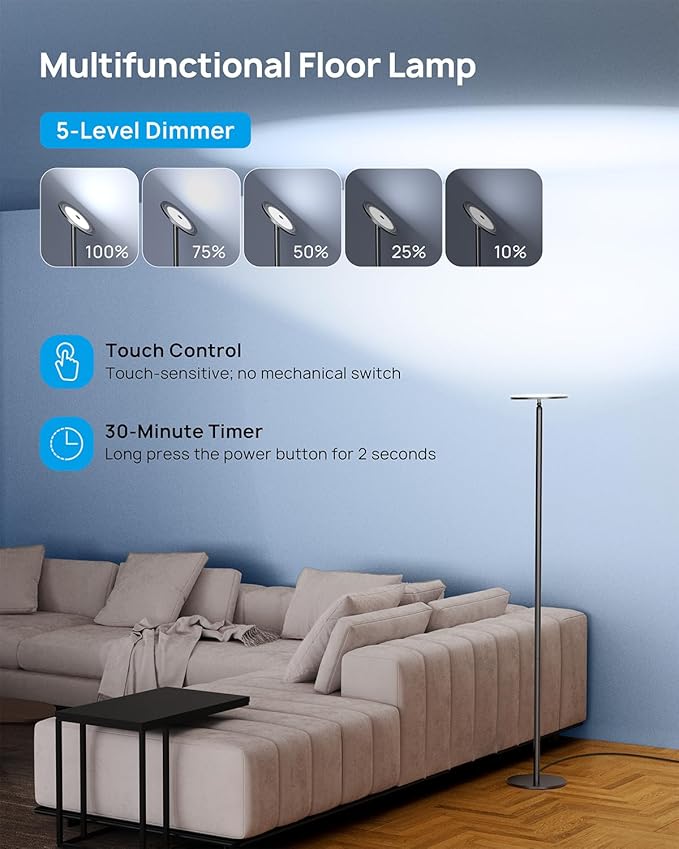 TROND Floor Lamp, Bright Sky LED Modern Torchiere Lamp, 71 in Tall Aluminum Pole Light, 5500K Natural Daylight Standing Light, Touch 5-Level Dimmable, 5000 lm, 30 Mins Timer for Living Room Bedroom-Ruum Studio Home