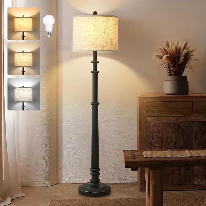 Floor Lamps for Living Room - 60" Resin Farmhouse Floor Lamp with 3 Color Temperatures - Vintage Standing Lamp Reading Light with Linen Shade Retro Tall Lamp for Bedroom Office, Black-Ruum Studio Home