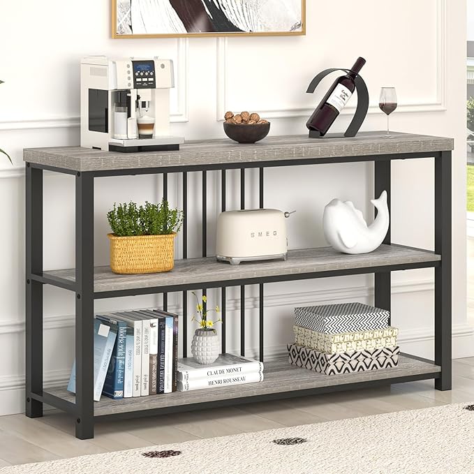 FOLUBAN Console Tables for Entryway, Sofa Table with 3 Tier Storage for Living Room Hallway Foyer Behind Couch, Rustic Light Grey-Ruum Studio Home