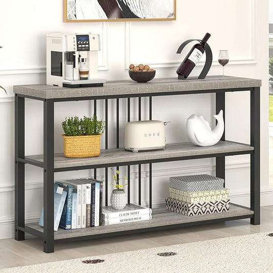 FOLUBAN Console Tables for Entryway, Sofa Table with 3 Tier Storage for Living Room Hallway Foyer Behind Couch, Rustic Light Grey-Ruum Studio Home