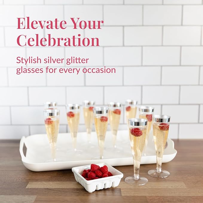 Prestee Set of 24 Silver Glitter Plastic Champagne Flutes - 4.5 oz Capacity - Shatterproof Durable Disposable Glasses - Elegant Design - Ideal for Weddings, Cocktail Parties, and Outdoor Celebrations-Ruum Studio Home