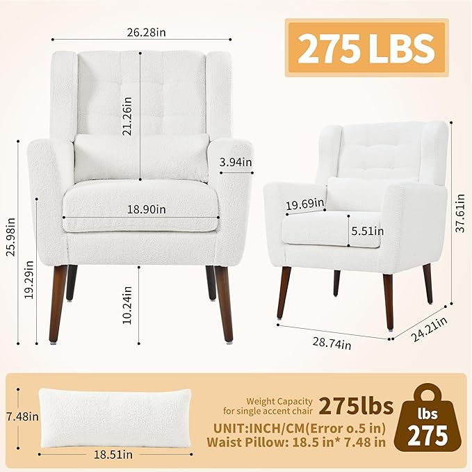 Accent Chair Set of 2, Upholstered Armchair with Pillow, Teddy Single Sofa with Lounge Seat and Wood Legs for Living Room Small Spaces-Ruum Studio Home