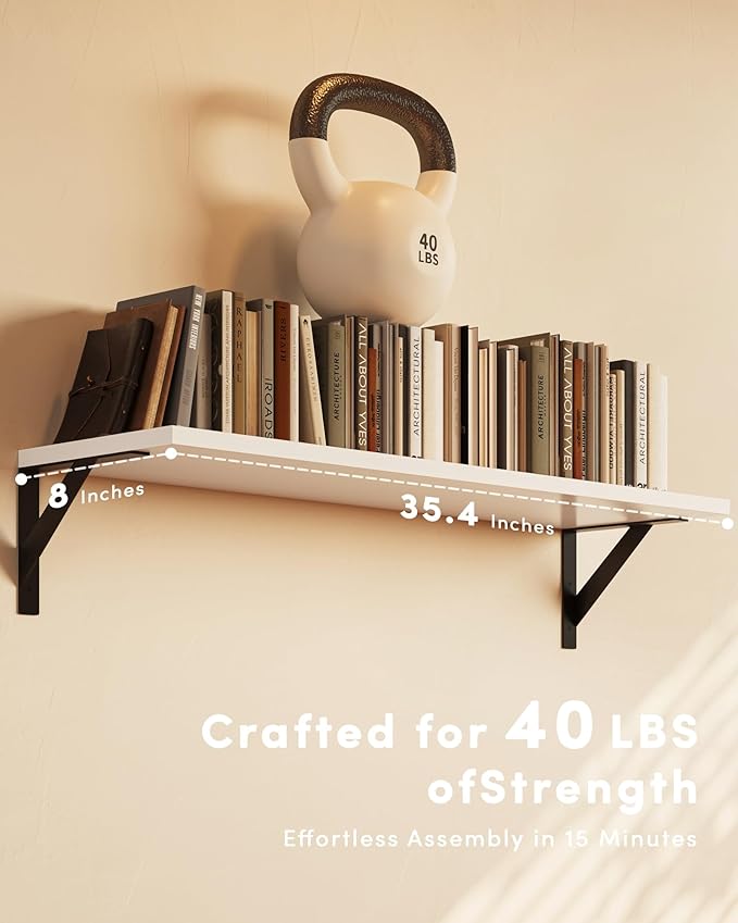 White Wall Shelves, 36 Inches Floating Book Shelves, Long Wall Shelf, Hanging Book Shelves, Long Large Deep Floating Shelf for Kitchen Bedroom-Ruum Studio Home