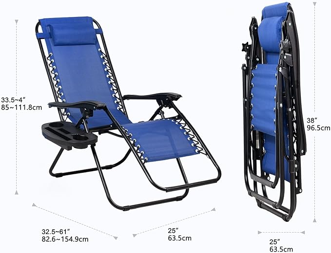 Nazhura Set of 2 Relaxing Recliners Patio Chairs Adjustable Steel Mesh Zero Gravity Lounge Chair Beach Chairs with Pillow and Cup Holder (Blue)-Ruum Studio Home