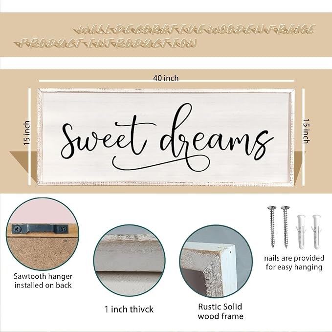comurdyo Sweet Dreams Wall Decor Above Bed Sign 40" x 15" Master Bedroom Wooden Antique Framed Large Rustic Farmhouse Guest Room Beautiful Simple Hanging Plaque Over Bed Wall Art (White)-Ruum Studio Home
