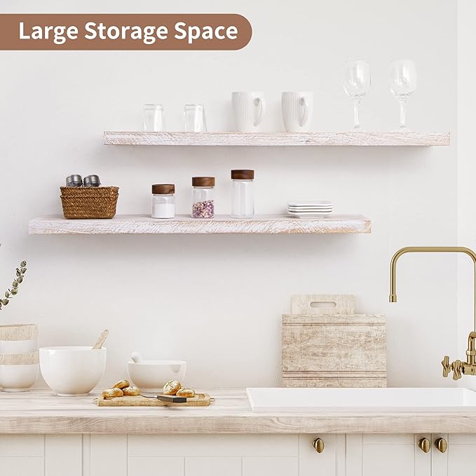 Axeman Floating Shelves for Wall, 8 Inch Deep Rustic Solid Elm Wood Wall Shelves for Storage, Wall Mounted Display Shelving with Invisible Heavy-Duty Metal Bracket, 36'' Width Set of 2, White Wash-Ruum Studio Home