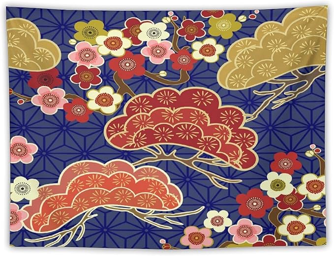HZOHNAGO Japanese Tapestry Art Abstract Colorful Cherry Blossom Blue Background Pattern Printed Wall Tapestry Painting Wall Hanging for Bedroom Living Room Dorm 40" W x 30" H-Ruum Studio Home