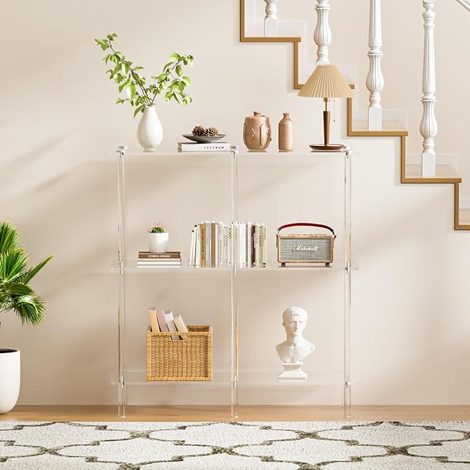 Acrylic Console Table, 29.53" Modern Entryway Table with Storage Shelves, 3 Tier Layer Storage for Foyer, Living Room, Clear.-Ruum Studio Home