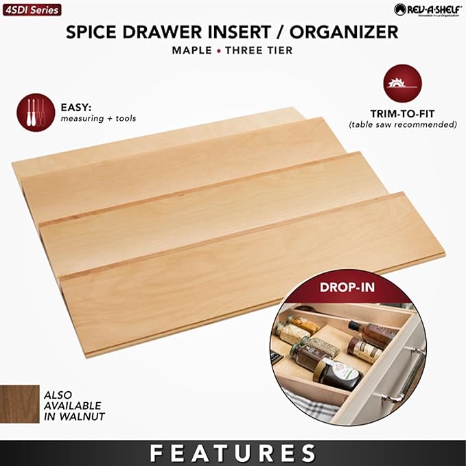 Rev-A-Shelf 22" 3 Tiered Seasoning Organizer, Trim-to-Fit Wooden Kitchen Draw and Cabinet Home Storage Insert, Pull Out Spice Rack, Maple, 4SDI-24-Ruum Studio Home