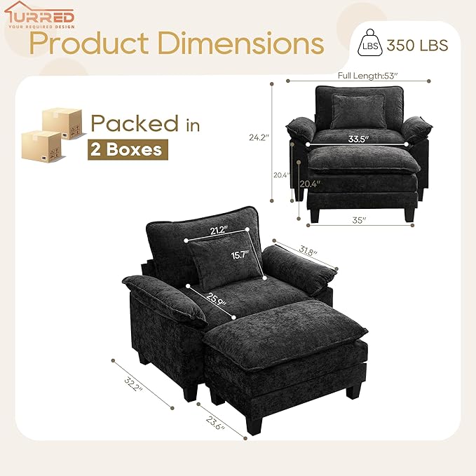 URRED Modular Sectional Sofa Comfy Cloud Couch, Modern Chenille Sofa Sleeper Deep Seat Couches with Ottoman/Pillows for Living Room (Black, 53''- Ottoman)-Ruum Studio Home
