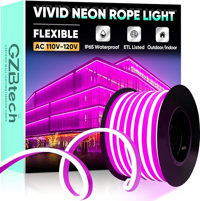 GZBtech Flexible LED Neon Rope Lights 50FT,AC 110-120V Waterproof Strip Light, 120 LEDs/M Cuttable Connectable Neon Lighting for Indoor Outdoor Home Decor/Commercial Building Use-Pink 15M-Ruum Studio Home