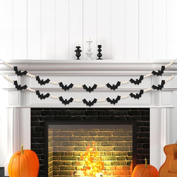 2 Packs Halloween Decorations Garland, Felt Bats Halloween Decor Banner with Wood Beads for Fireplace Mantel Fireplace Home Indoor-Ruum Studio Home