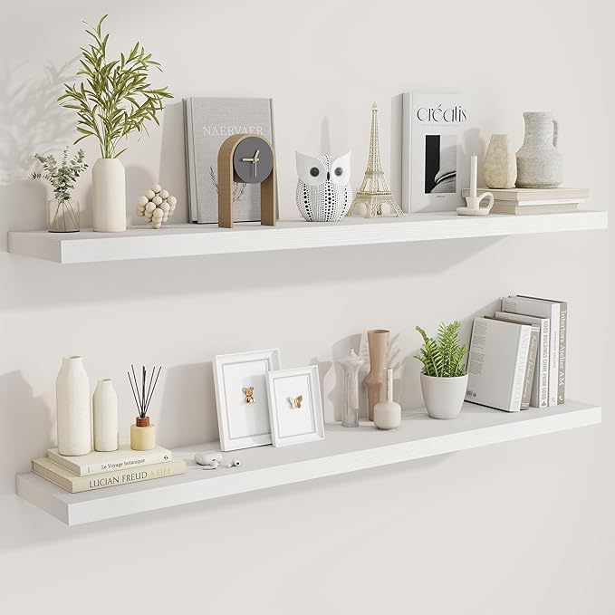 Fun Memories 55 Inch Fireplace Mantel Shelf -Long Floating Shelves, Deep Wall Mounted Farmhouse Display Shelves with Invisible Heavy Duty Metal Bracket, White, 2 Pack-Ruum Studio Home