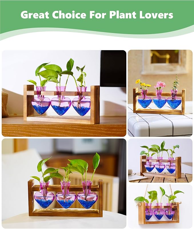 Nacome Plant Terrarium for Office Decor: Birthday Gifts for Plant Lovers Women Mom Wife - Wooden Stand Tabletop Planter 3 Bulb Glass Vase Heart Shaped for Hydroponics Indoor Home(Purple)-Ruum Studio Home