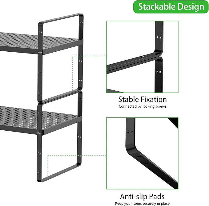 Expandable Cabinet Storage Shelf Stackable Organizer Rack for Kitchen Bathroom Pantry Spice Cupboard Coffee Countertop Home Office Desk Heavy Duty Nonslip Black Large 1 PACK-Ruum Studio Home