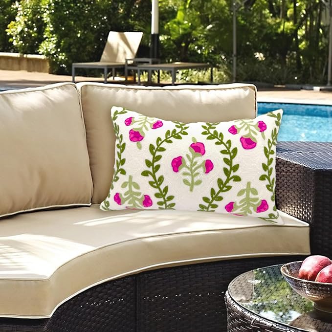 Alysheer Flower Embroidered Summer Decorative Lumbar Throw Pillow Cover 12"x 20", Farmhouse Cottage Hot Pink Floral Green Leaves Patterned Cotton Canvas Cushion Case for Sofa Couch Bed Living Room-Ruum Studio Home